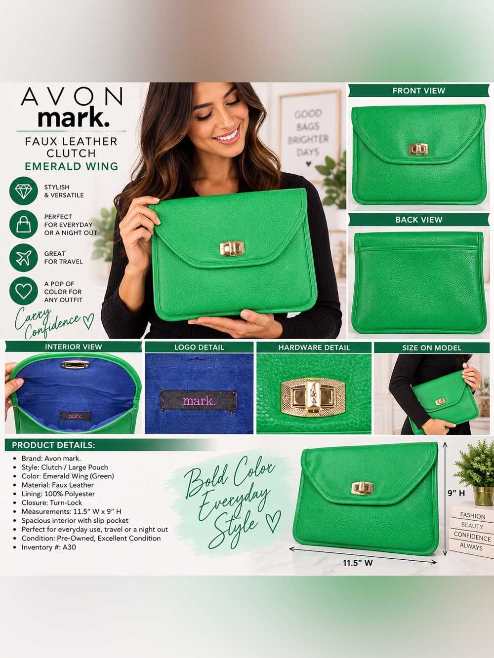 AVON MARK WING FAUX LEATHER CLUTCH – GREEN (NEW WITH TAGS) A30